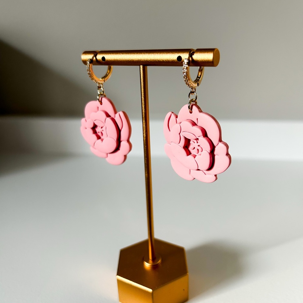 Pink Peony 3D Floral Earrings, Huggie Hoop Earrings, handmade Clay earrings
